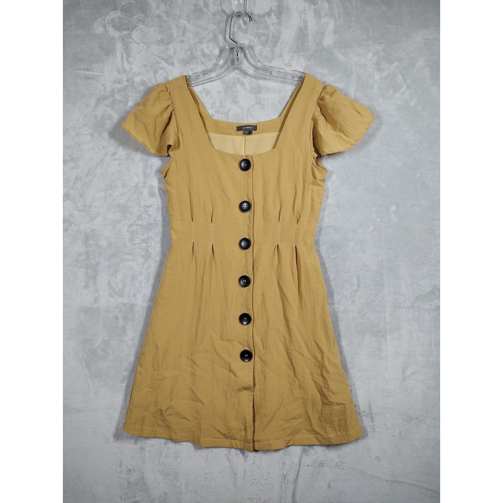 &merci Womens Mustard Yellow Square Neck Flutter Sleeve Button Front Dress S